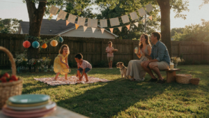 A lively backyard birthday party with kids playing and happy parents in warm light.