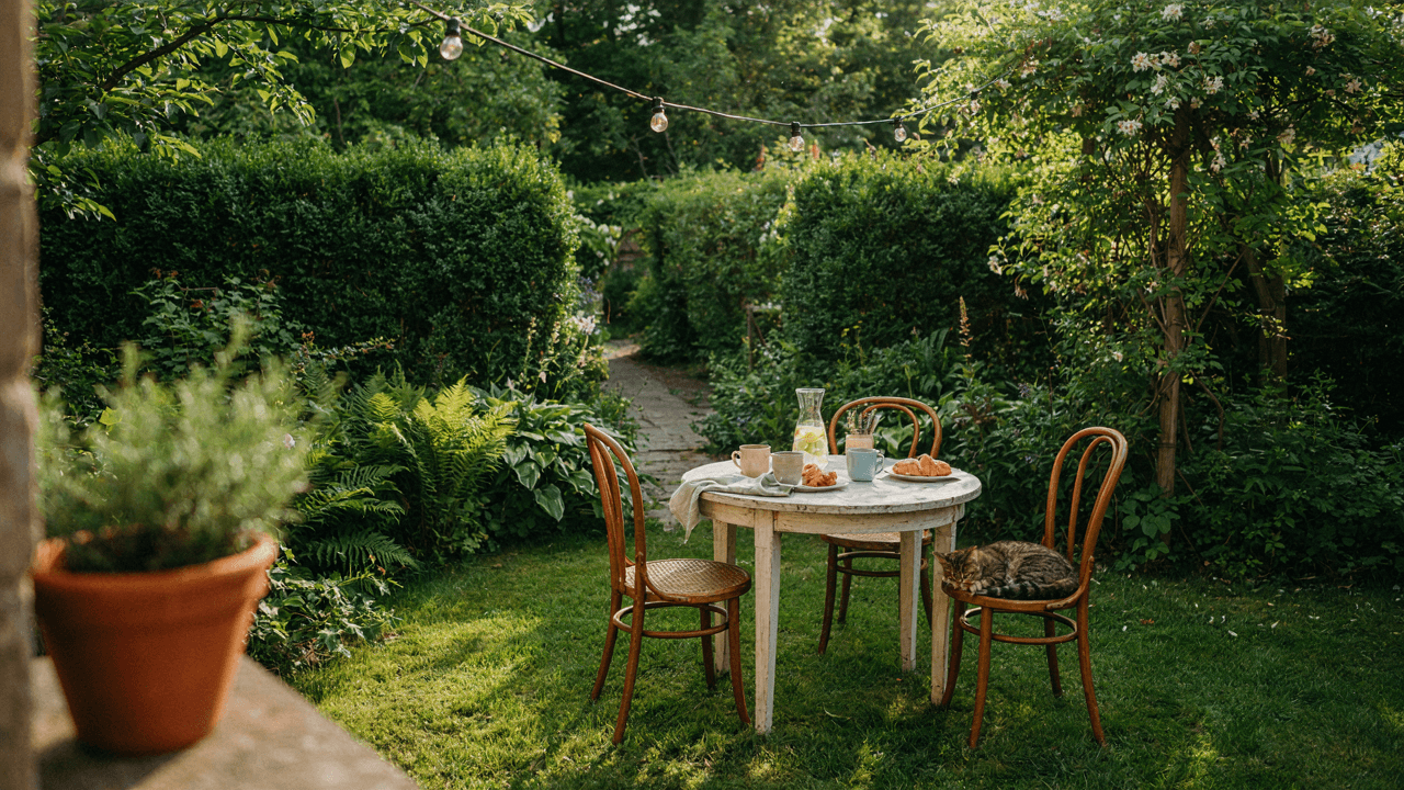A charming backyard bistro set up under string lights, surrounded by lush greenery.