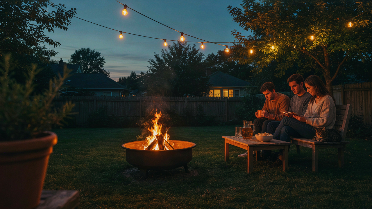 A glowing bonfire crackles in a fire pit during a backyard bonfire party at dusk.