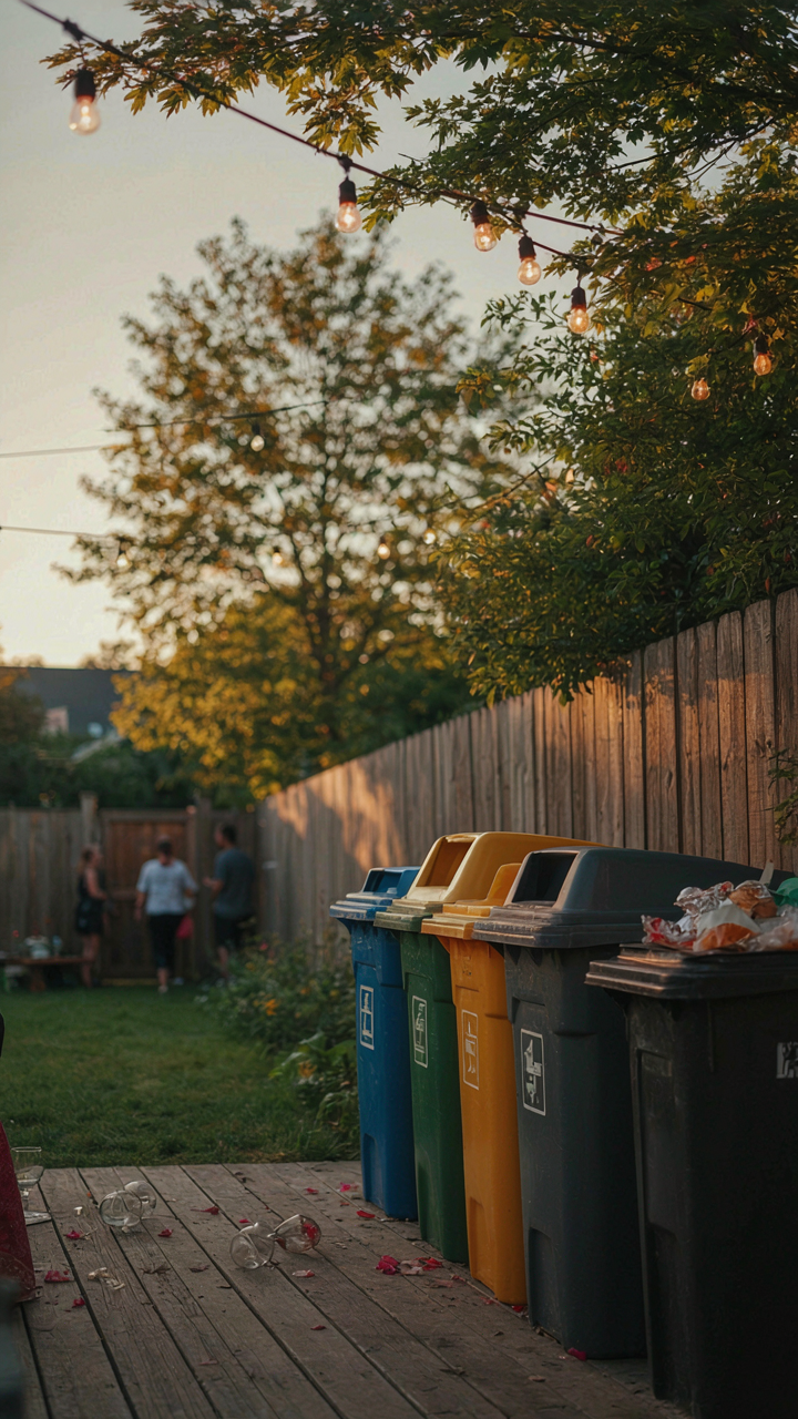 Labeled recycling and trash bins are near a party exit.