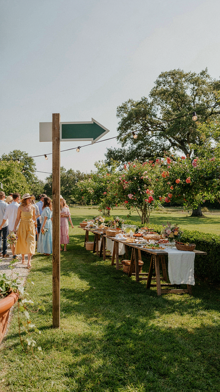 A brightly lit sign with an arrow points towards an outdoor buffet area.