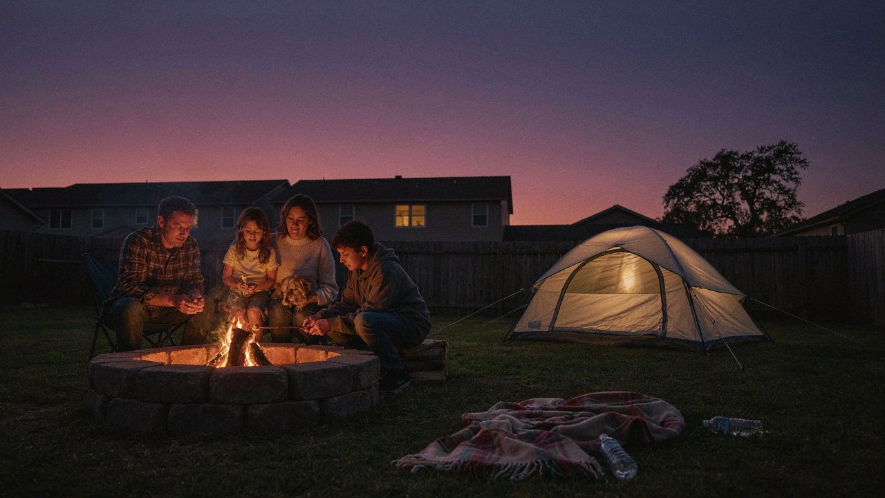 A tent glows in a backyard at dusk, a family is by a campfire.