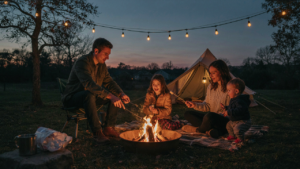 A family roasts marshmallows over a backyard campfire at twilight, enjoying their backyard campout