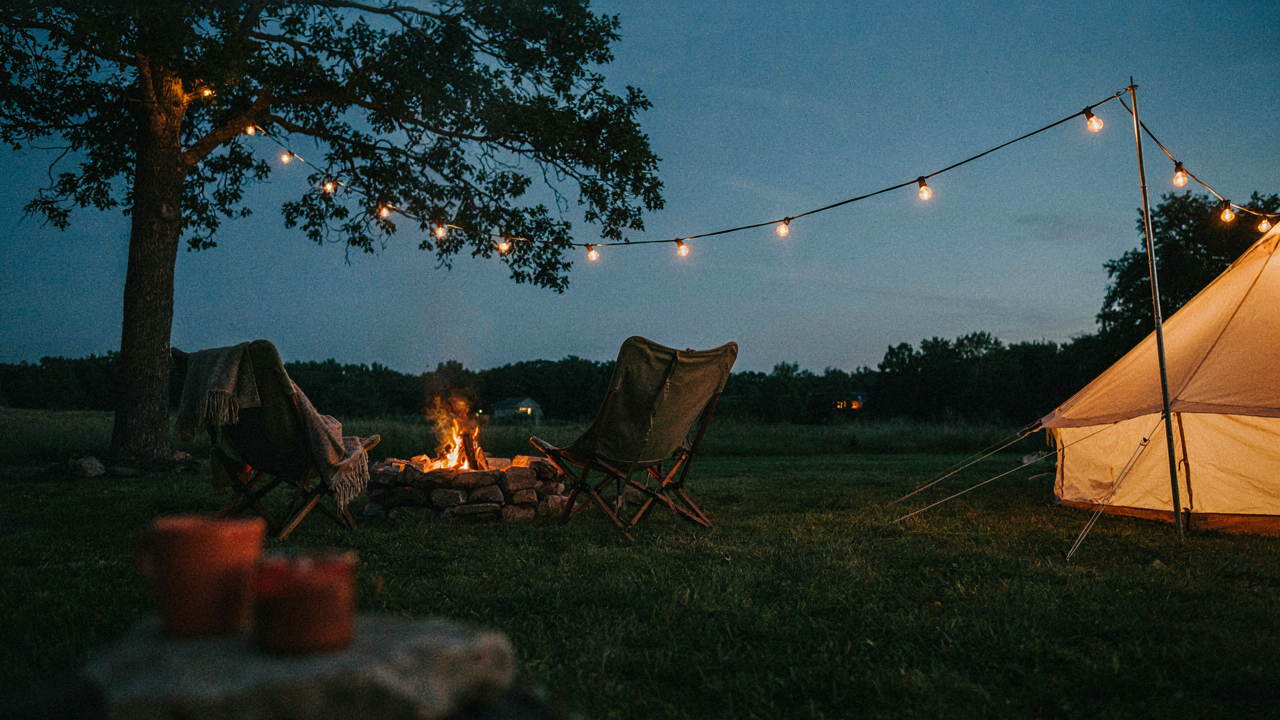 A warm backyard campout scene at dusk with string lights and a glowing fire pit.