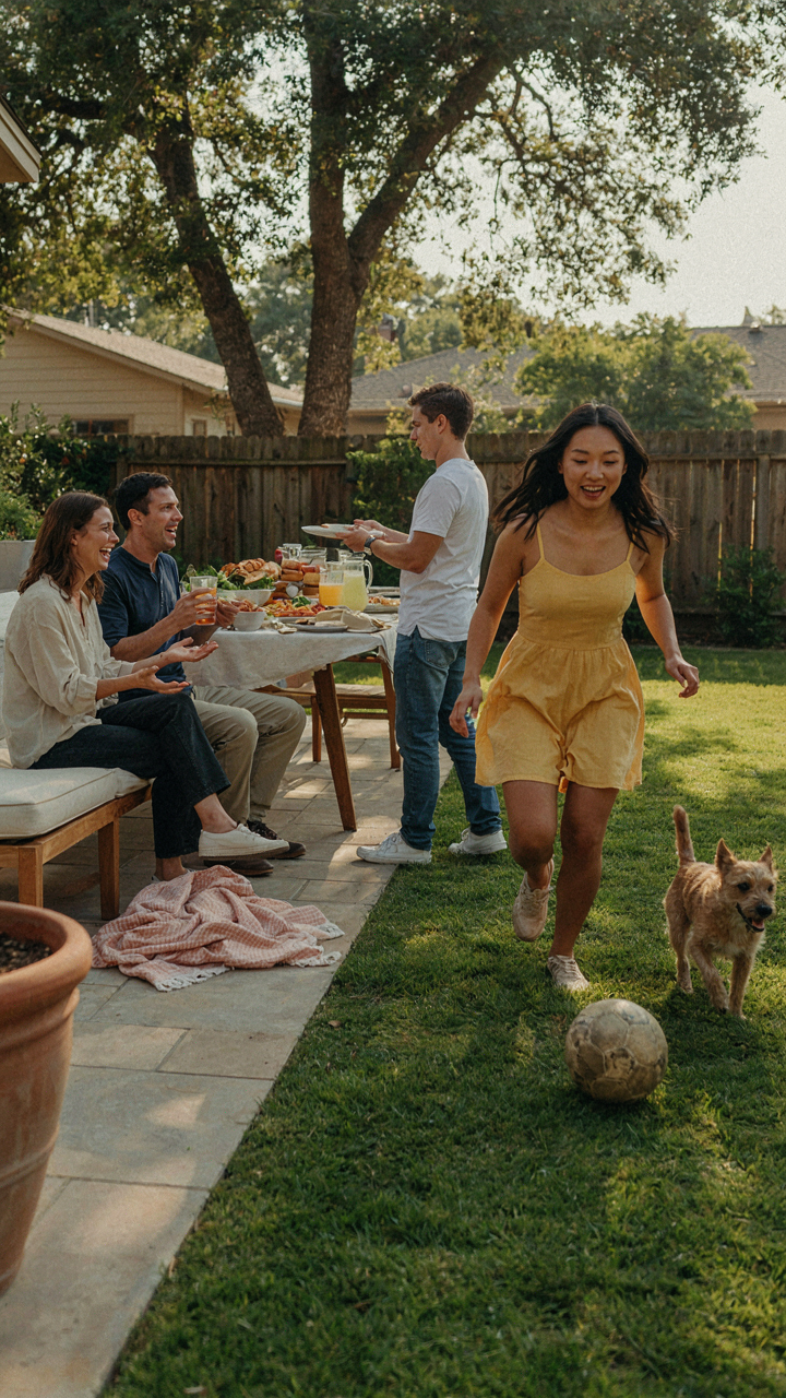 People move freely between three zones in a backyard.
