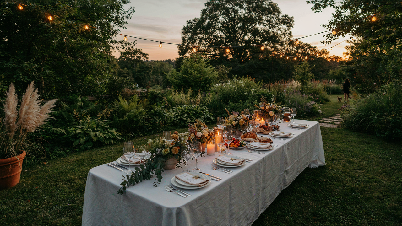 An elegant outdoor dinner table set for guests in a backyard.
