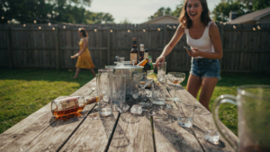 A messy backyard drink station with many empty and spilled drinks during a party.