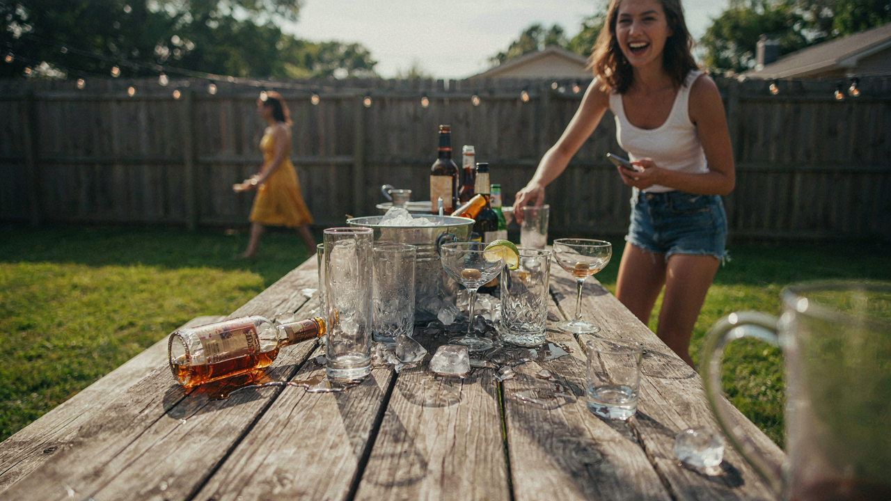 A messy backyard drink station with many empty and spilled drinks during a party.