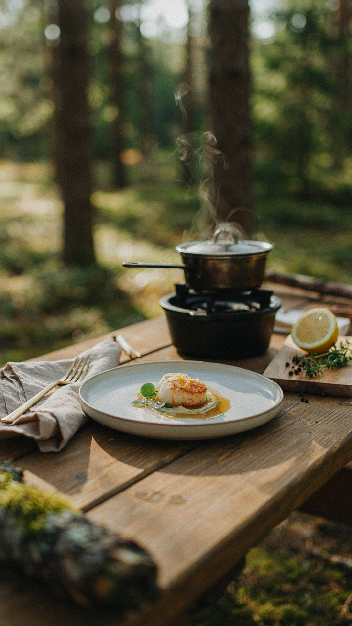 A beautifully plated gourmet meal prepared outdoors on a portable glamping kitchen.
