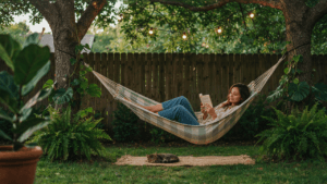 A peaceful backyard hammock nook with a person reading and green plants.