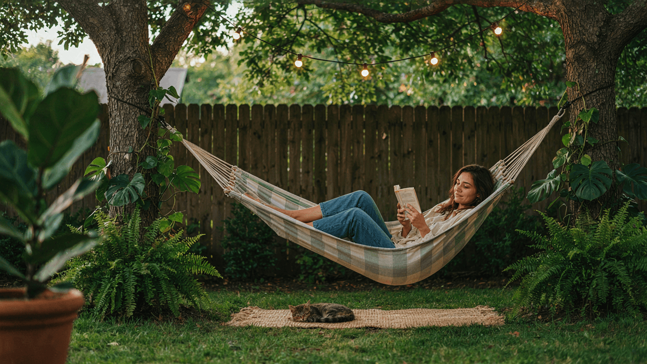 A peaceful backyard hammock nook with a person reading and green plants.