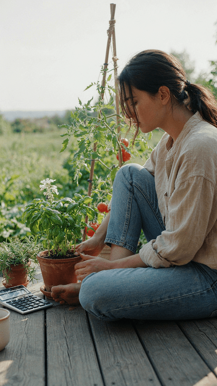 A person looks at a garden and a calculator, showing investment and return.