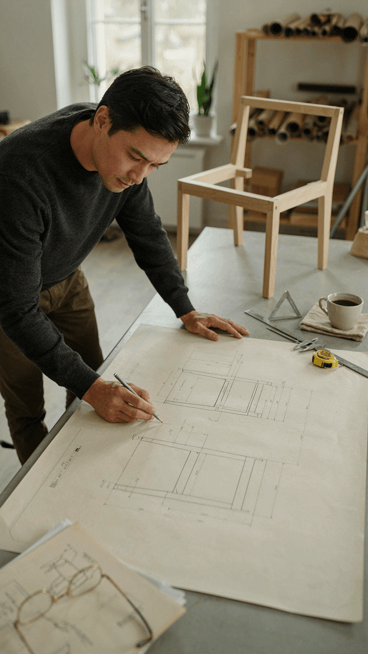 An industrial designer sketches precise blueprints for a minimalist chair.
