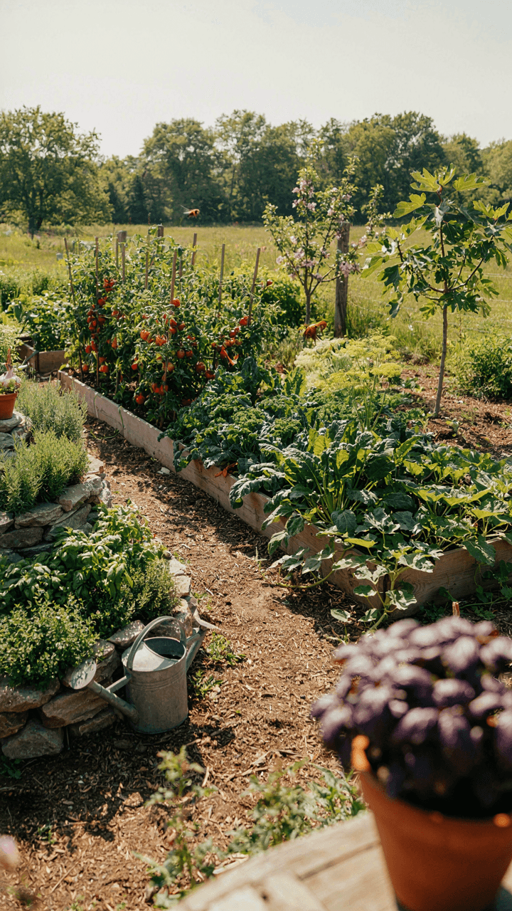 A permaculture garden with clear zones for different plants.