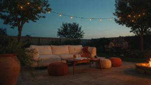 A backyard lounge party with low seating and soft string lights at dusk.