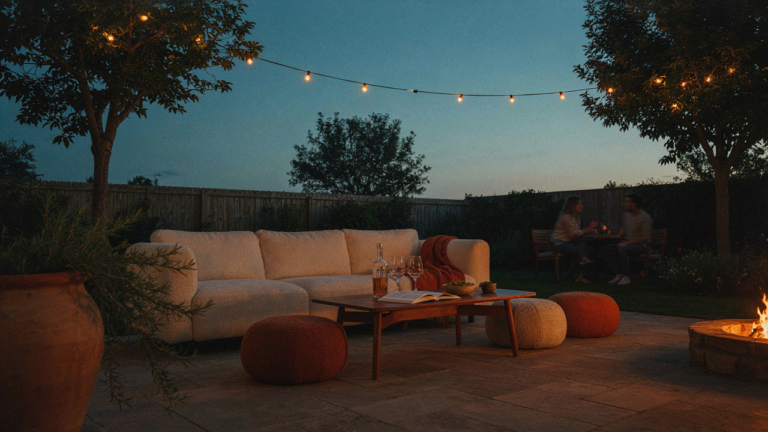 A backyard lounge party with low seating and soft string lights at dusk.