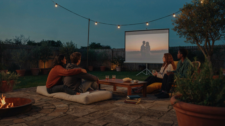 Friends gather on comfortable outdoor seats to watch a backyard movie night.