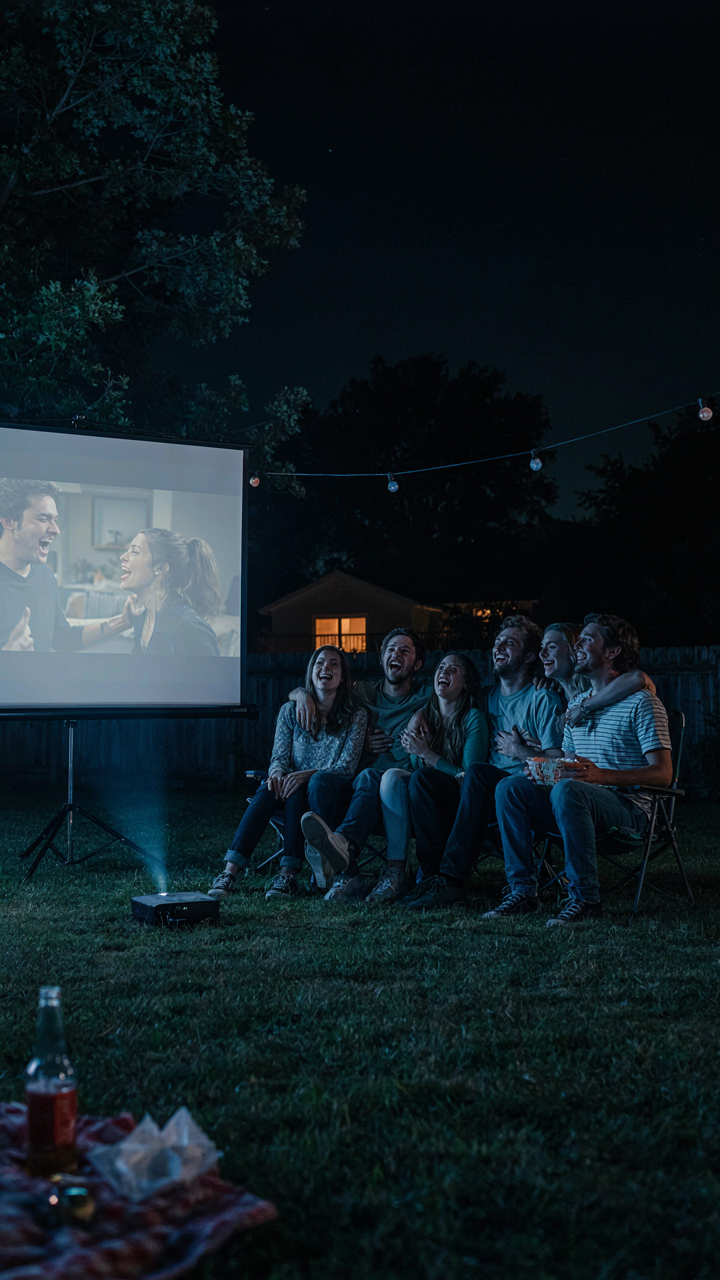 Friends laughing at a movie on a backyard projector screen.