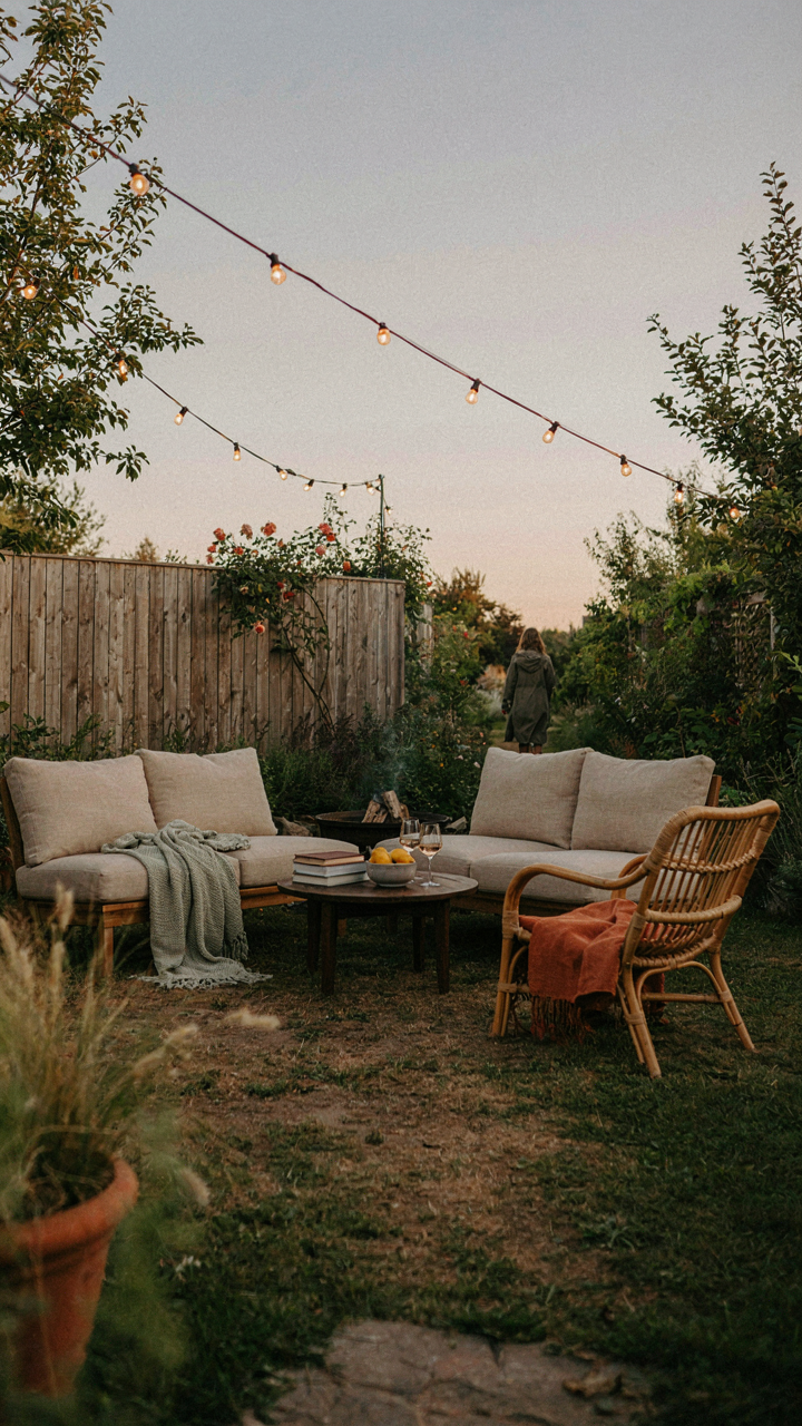 Comfortable outdoor seating with blankets invites guests to relax and talk.