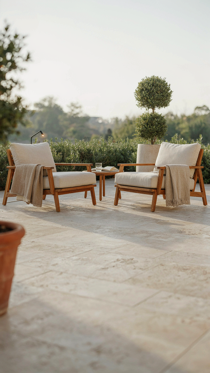 An outdoor space has comfortable chairs and subtle lights, for easy movement.