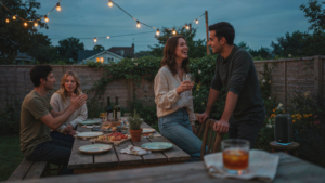 A backyard party with string lights and a subtle backyard party speaker setup.