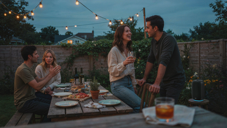 A backyard party with string lights and a subtle backyard party speaker setup.