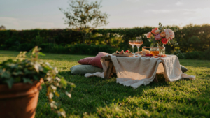 A charming backyard picnic setup with a low table, cushions, and food on a green lawn.