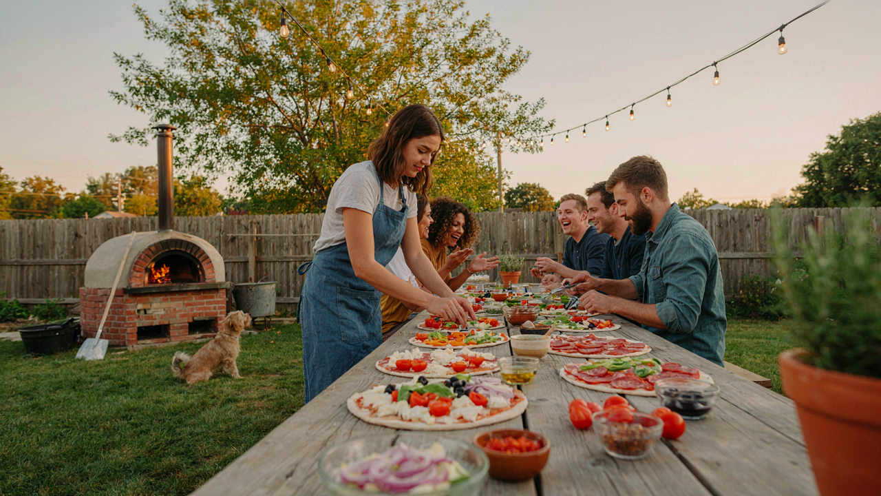 A lively backyard pizza party with an outdoor oven and a topping bar on a wooden table.