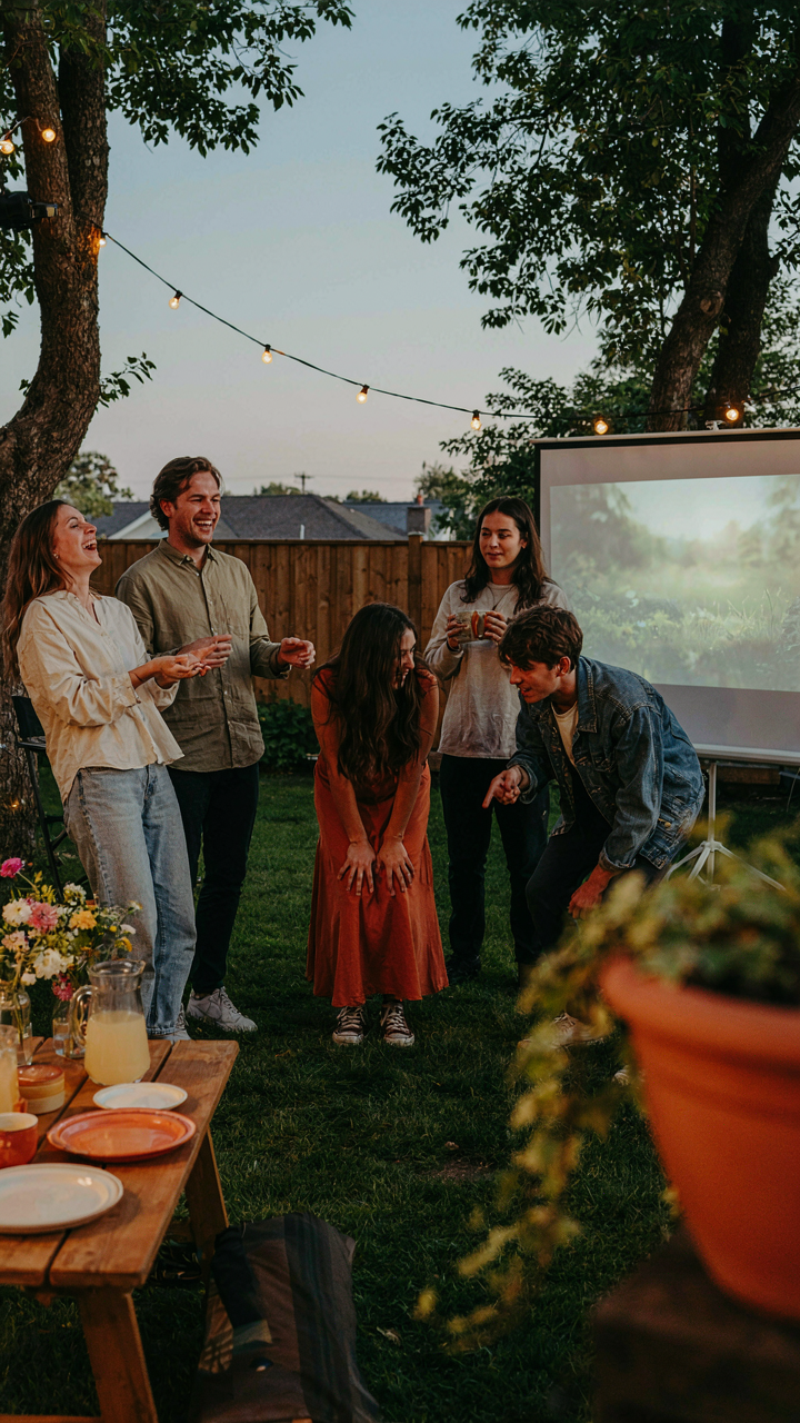 Friends laugh and talk together in a well-arranged backyard setting.