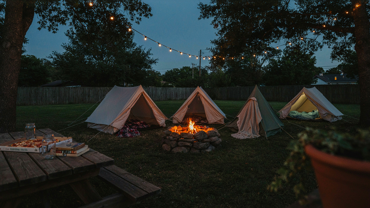 A cozy backyard slumber party with tents, fairy lights, and a fire pit.