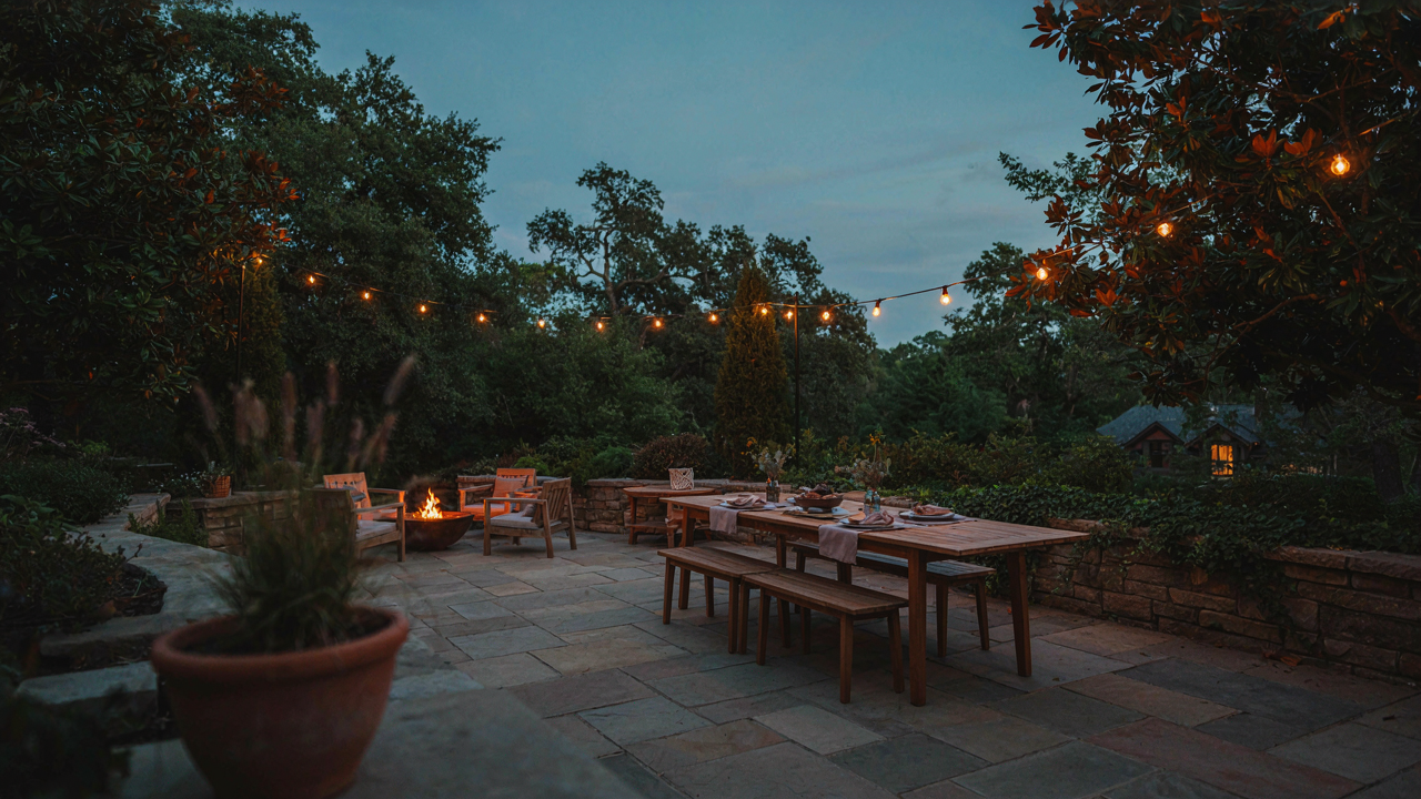 A modern backyard patio with warm backyard string lights strung overhead.