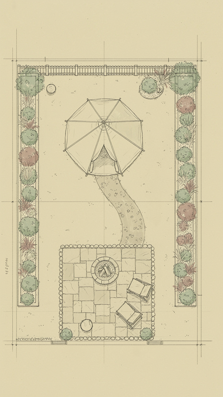 An architectural blueprint shows a backyard teepee tent in a planned garden layout.