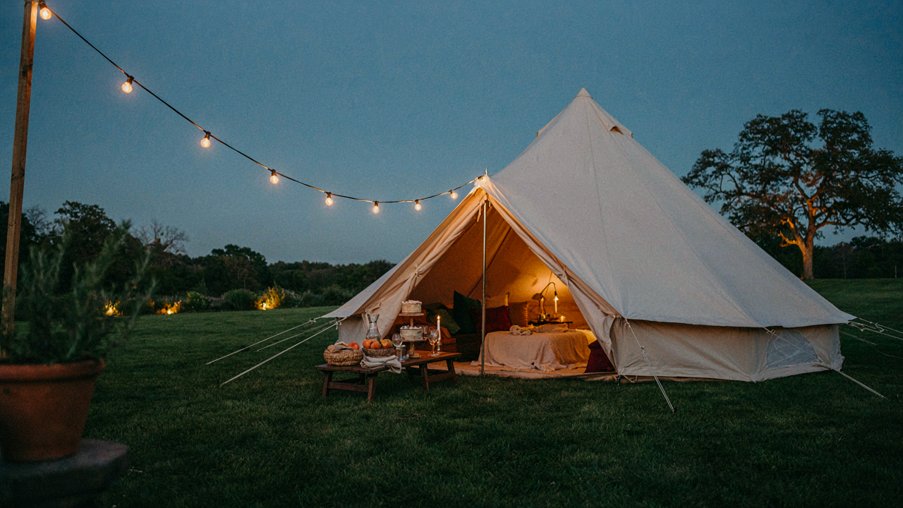 A beautiful backyard tent party at dusk with glowing lights and comfy bedding.