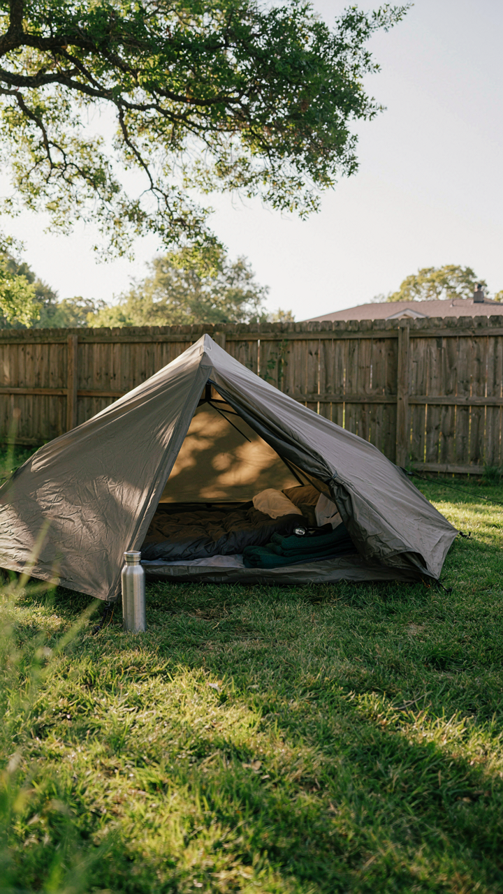 A sparse, yet functional backyard tent setup with a sleeping bag and headlamp.