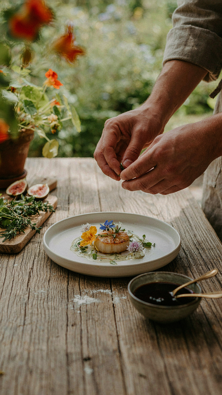 Hands are carefully plating an artful dish with foraged herbs outdoors.