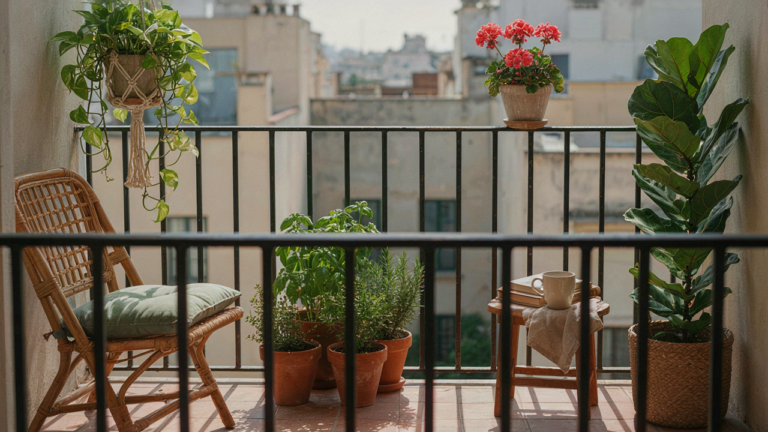 A lush balcony garden nook filled with vibrant green plants and colorful flowers.