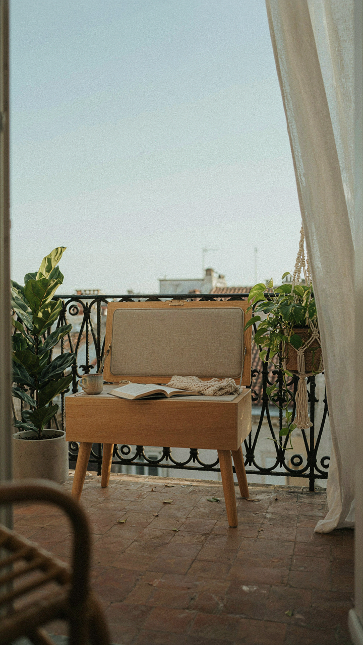 A small apartment balcony with clever, space-saving multi-functional furniture.