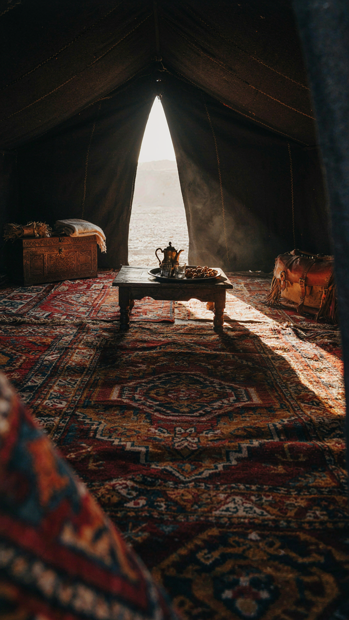 Richly patterned woven rugs cover the floor of a Bedouin tent.