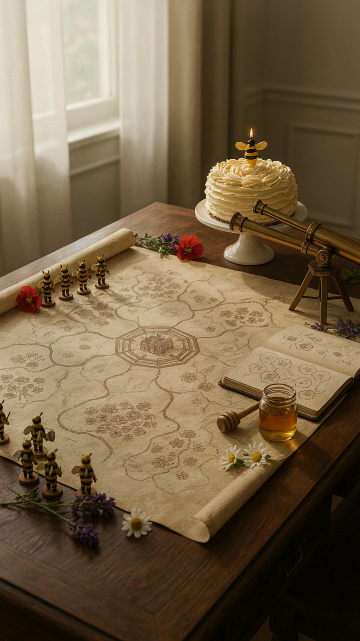 A general's table with a map and pieces for a bee-themed party strategy.