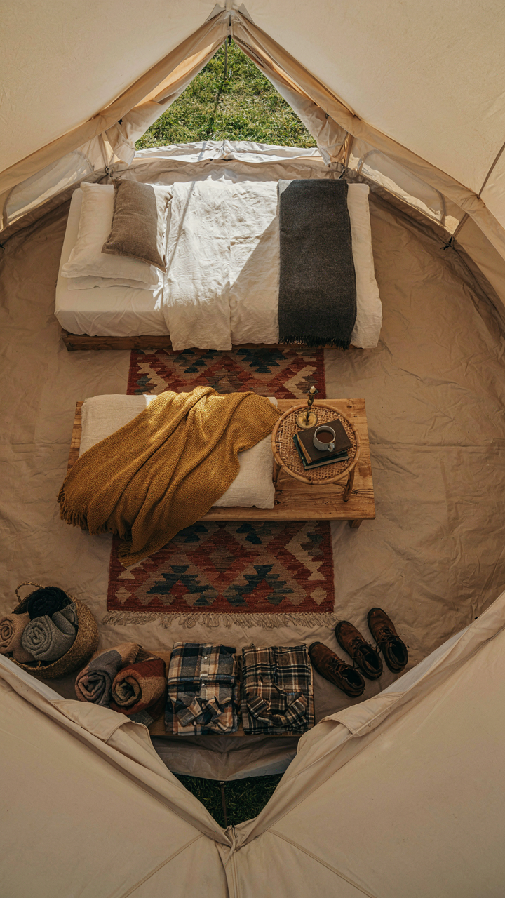 An aerial view shows a bell tent interior divided into zones.
