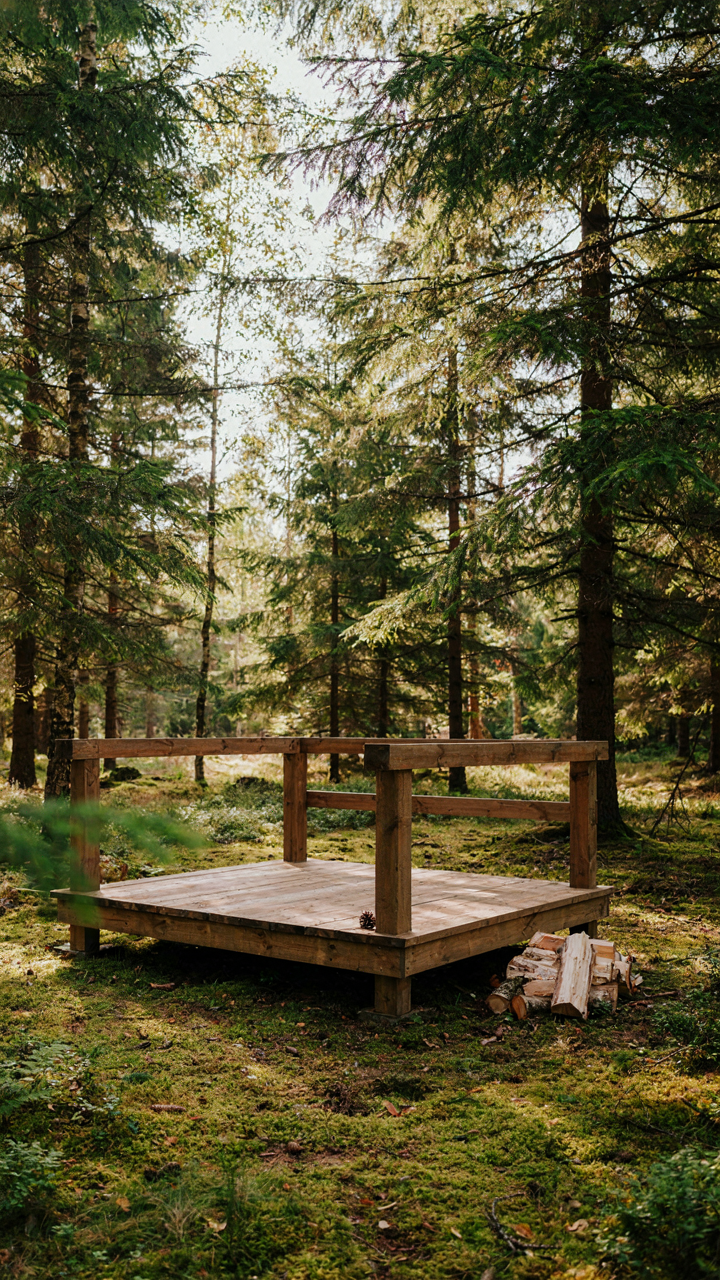 A sturdy wooden platform is ready for a bell tent in a forest.