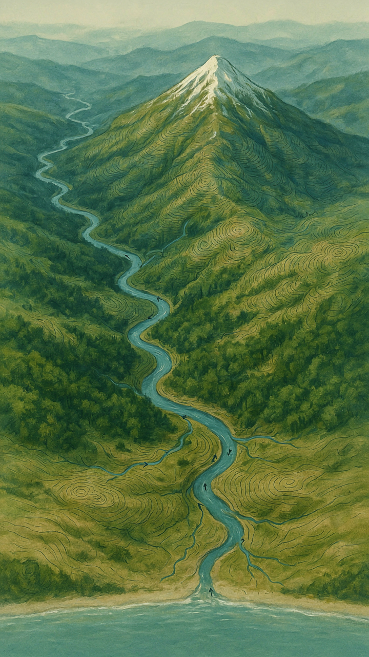 A scientific diagram shows water flow over hills and valleys.