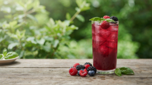 A refreshing berry basil mocktail in a tall glass, garnished with fresh fruit and herbs.