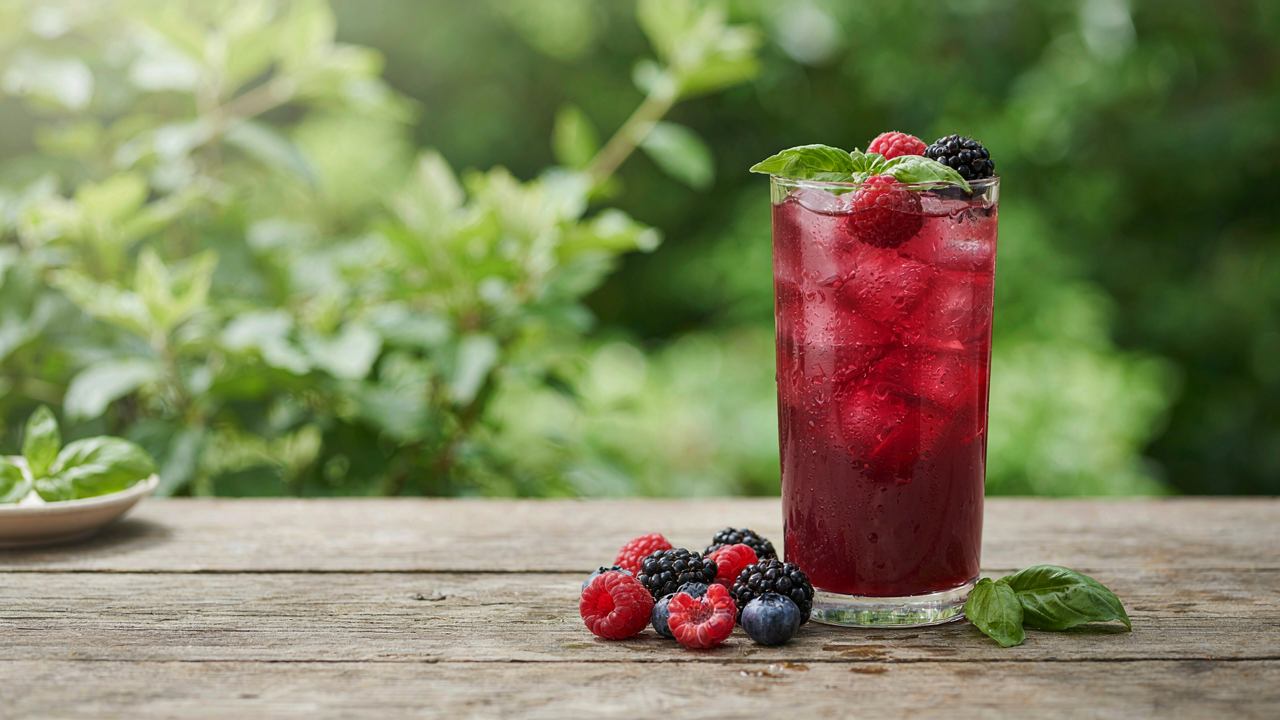 A refreshing berry basil mocktail in a tall glass, garnished with fresh fruit and herbs.