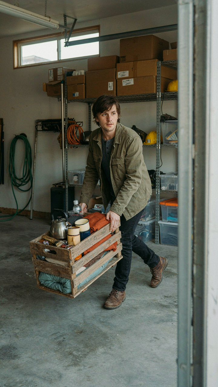 A person quickly grabbing a fully stocked camping crate from a garage shelf.