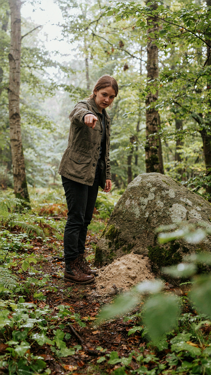 A person points to an elevated camping spot with sandy soil.