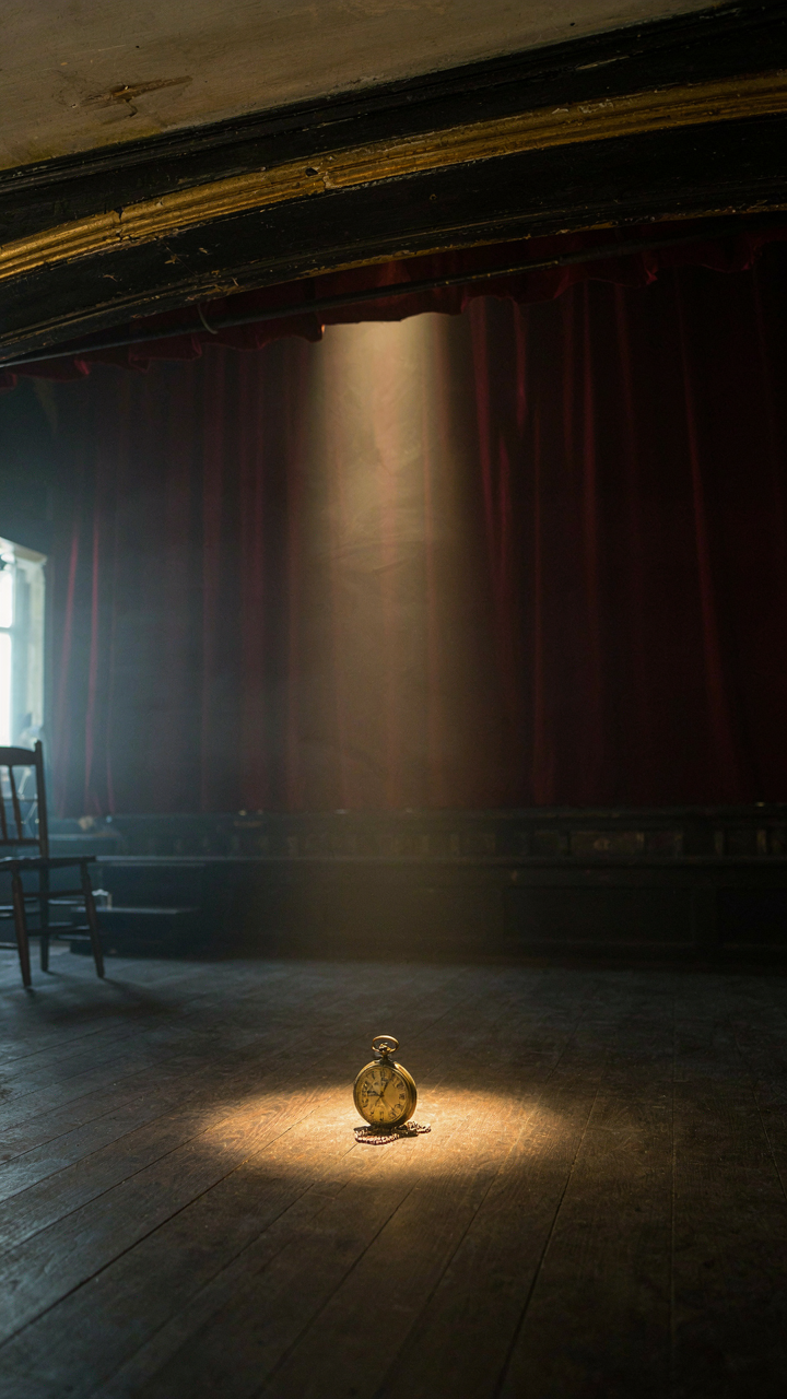 An empty theater stage with spotlights on a single prop.