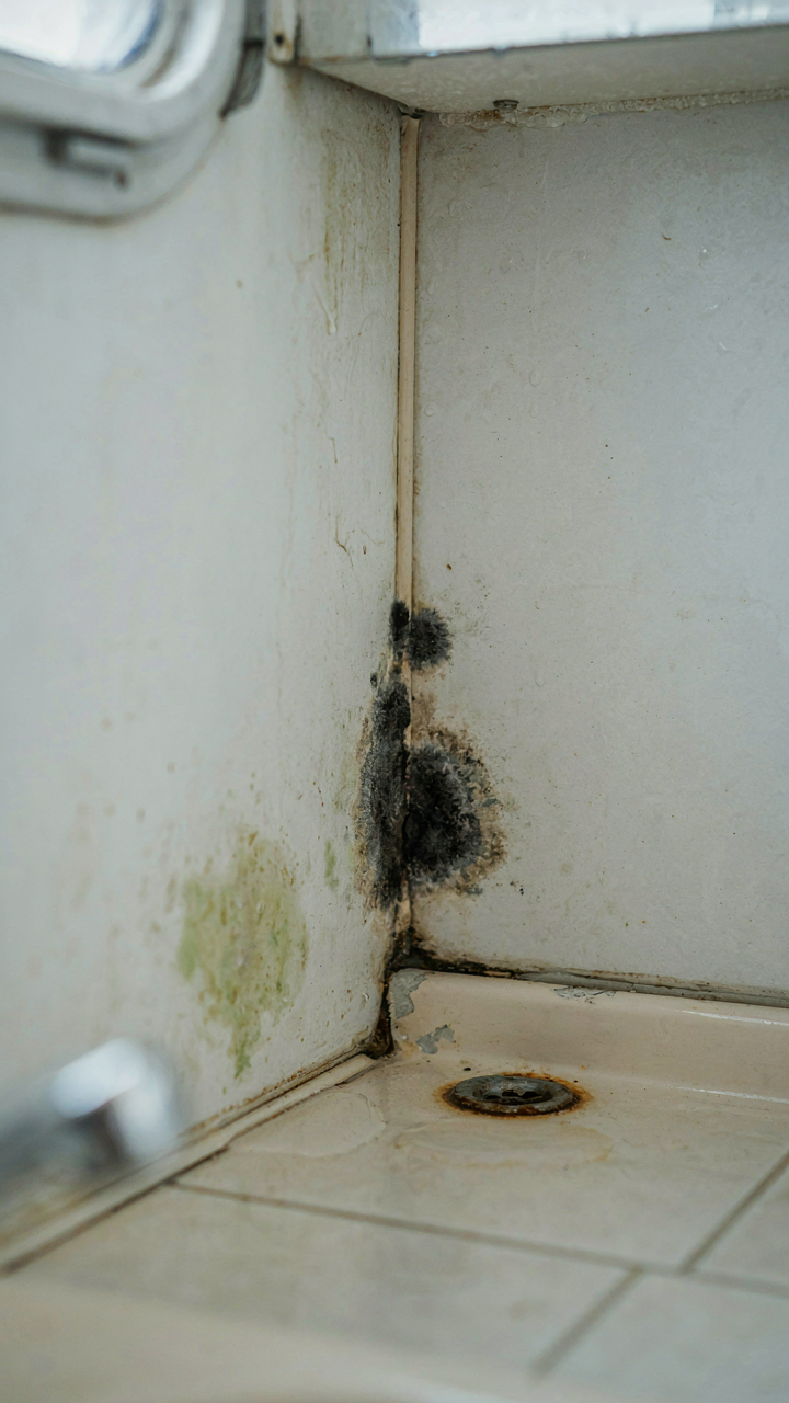Mold starting to grow in a small, neglected corner of an RV bathroom.