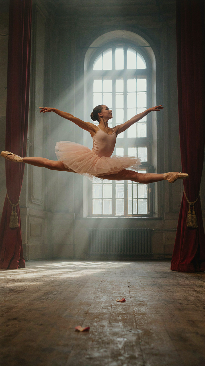 A ballerina floats gracefully in the air on a stage.