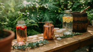 An outdoor party table with a variety of beverage dispenser ideas.